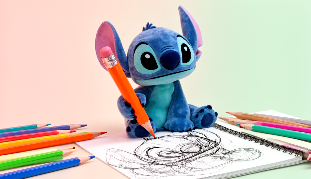 Stitch qui dessine son portrait au crayon, entouré de crayons de couleur
