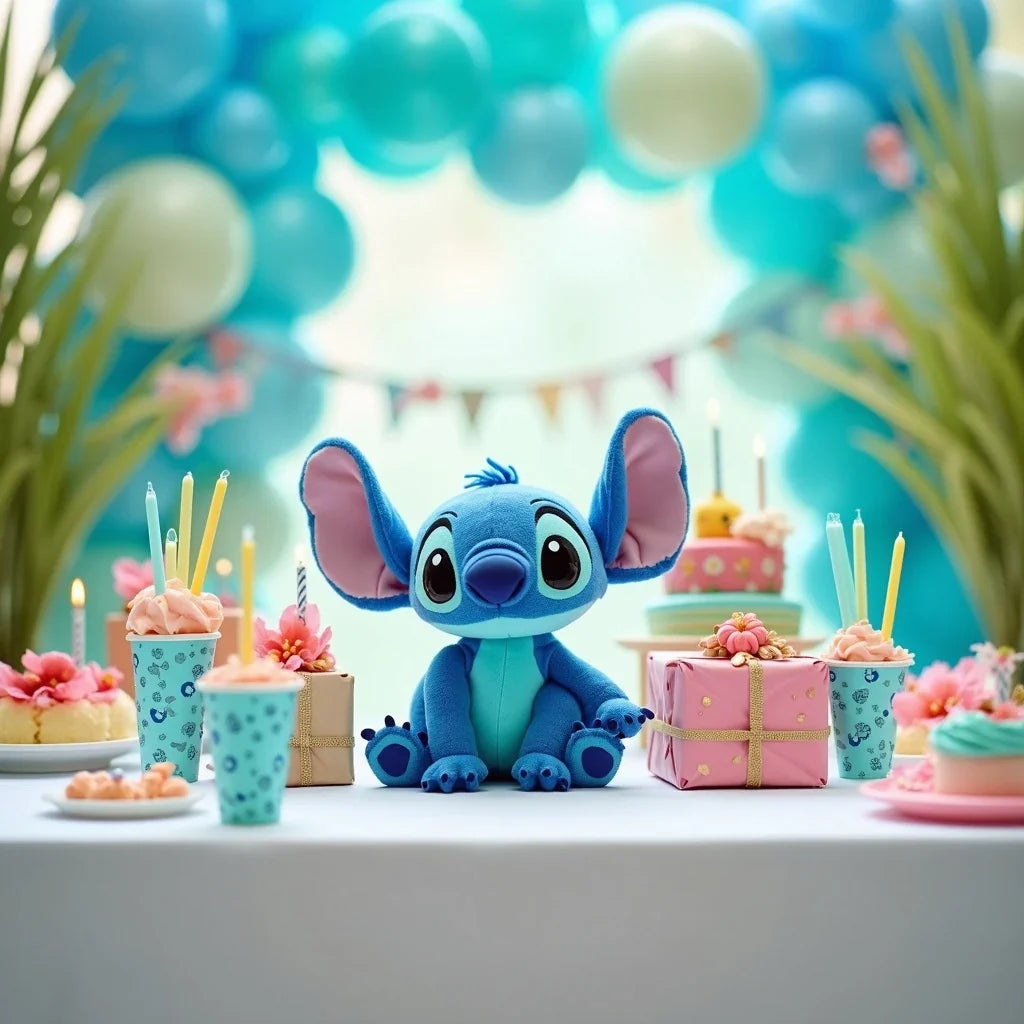 Table d'anniversaire Stitch : déco bleue, ballons et peluche