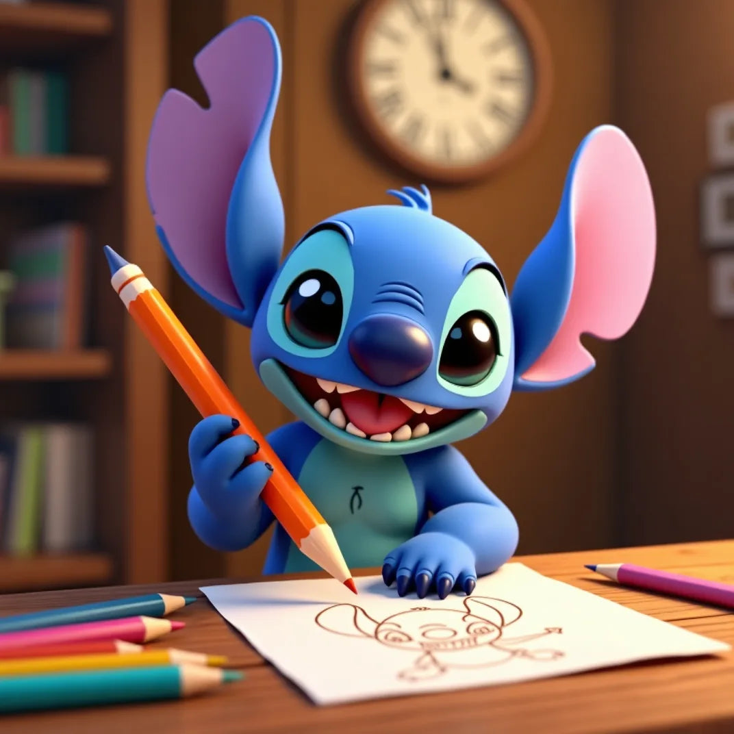 Stitch, assis à un bureau, apprend à se dessiner avec un crayon — tutoriel de dessin pas à pas