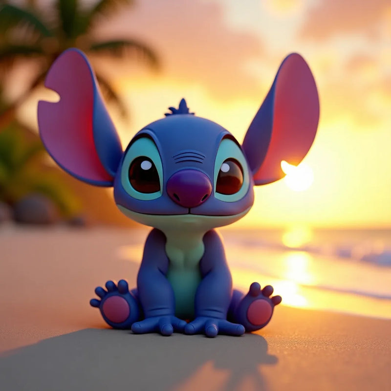 Stitch sur une plage d'Hawaï au coucher du soleil, ambiance du film Lilo & Stitch