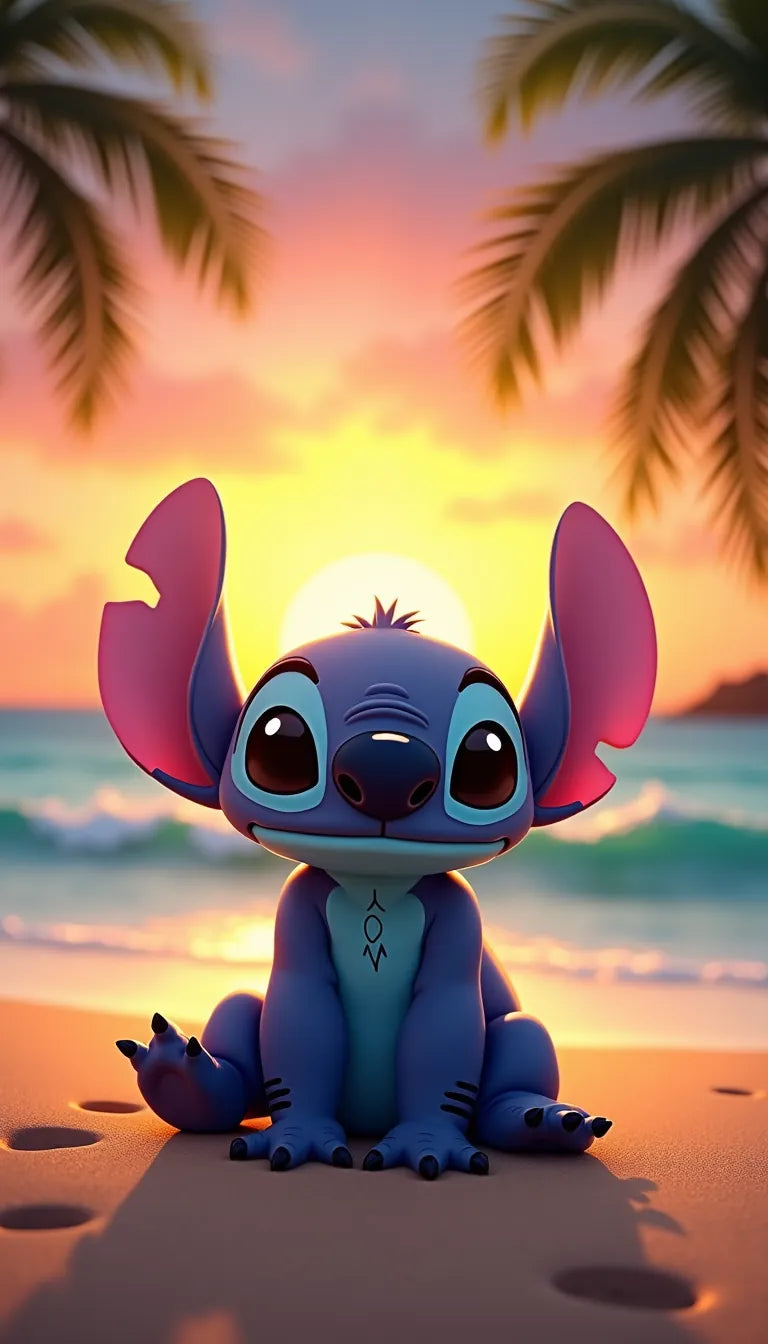 Fond d'écran Stitch sur une plage d'Hawaï au coucher du soleil