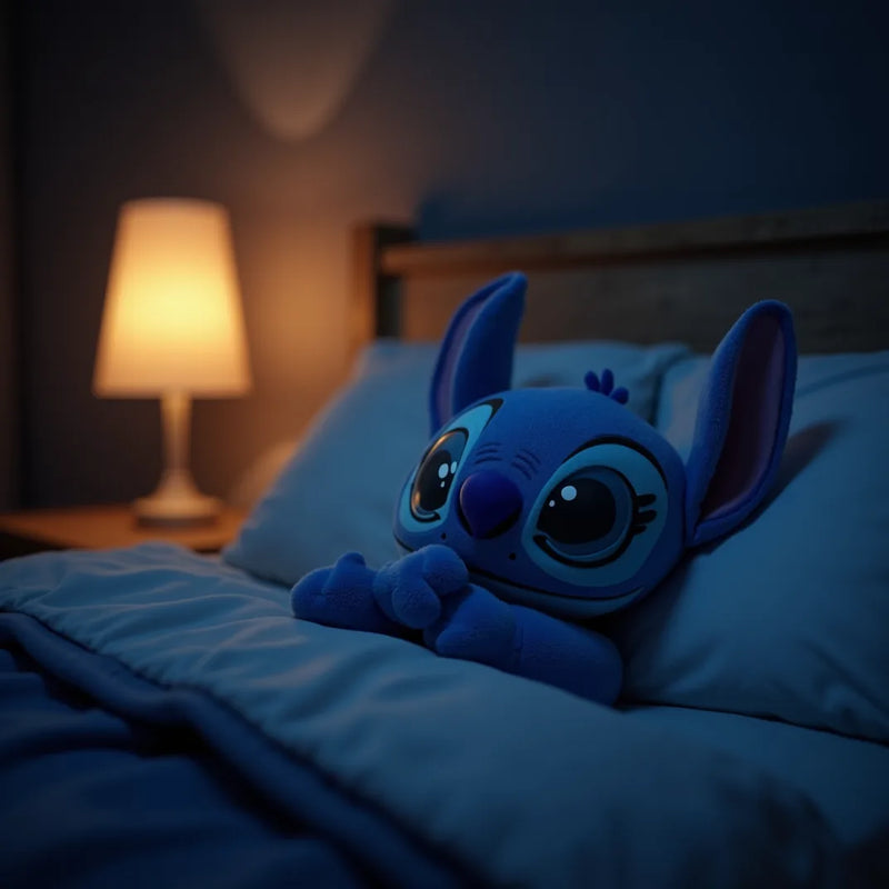 Peluche Stitch câlinée dans un lit le soir