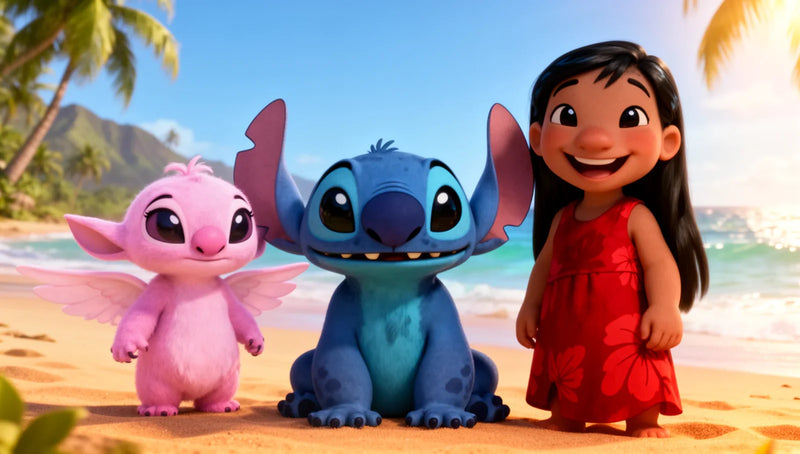 Les personnages de Lilo & Stitch : Stitch, Angel et Lilo réunis sur une plage hawaïenne