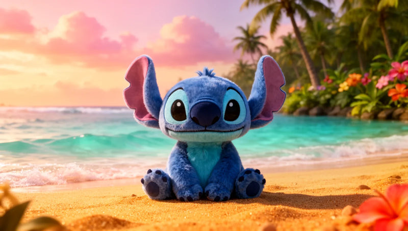 Peluche Stitch, le petit extraterrestre bleu, assise sur le sable d'une plage hawaïenne au coucher du soleil