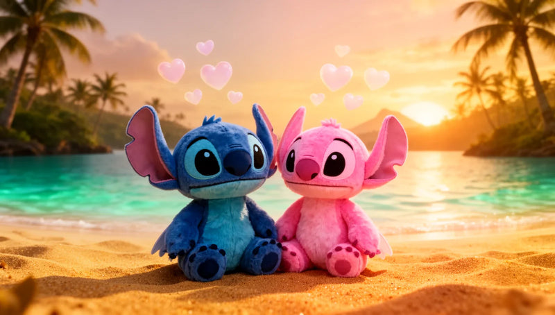 Peluches Stitch et Angel assises ensemble sur une plage hawaïenne au coucher du soleil