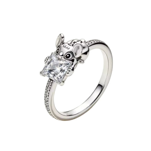 Bague Stitch en argent 925, Stitch argenté et pierre zirconium carrée blanche sur anneau pavé