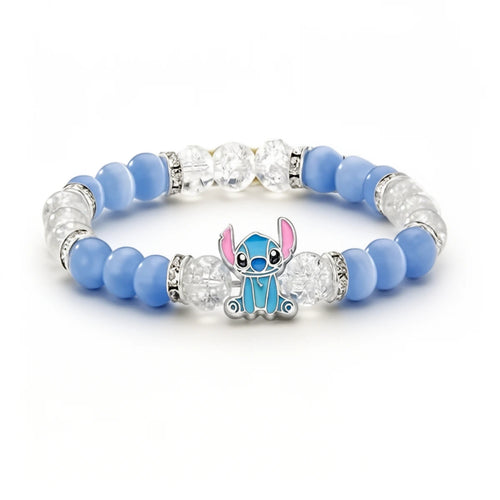 Bracelet Stitch bleu en perles de cristal et œil-de-chat, breloque Stitch