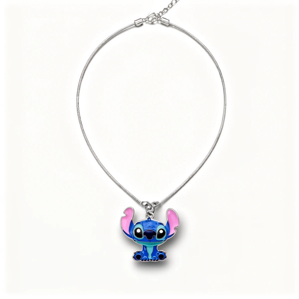 Collier Stitch en métal, pendentif Stitch oreilles dressées, chaîne argentée réglable