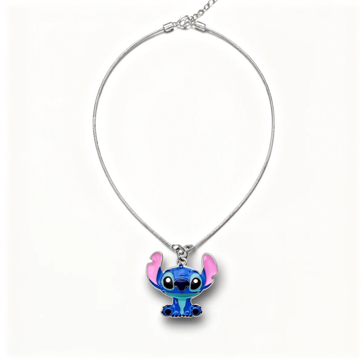 Collier Stitch en métal, pendentif Stitch oreilles dressées, chaîne argentée réglable