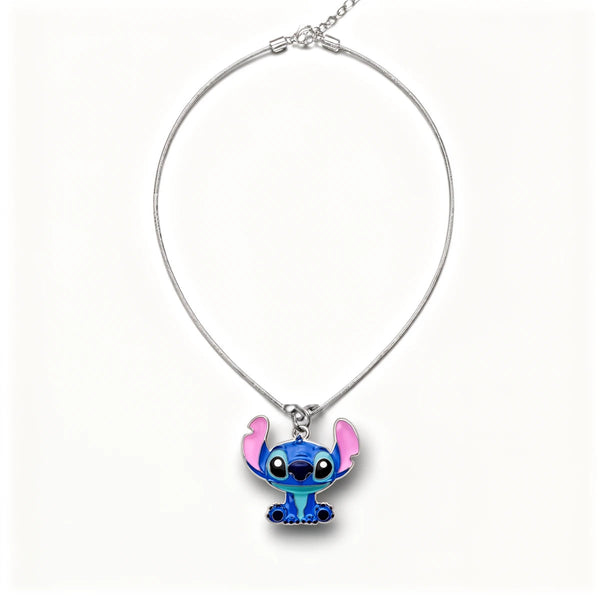 Collier Stitch en métal, pendentif Stitch oreilles dressées, chaîne argentée réglable