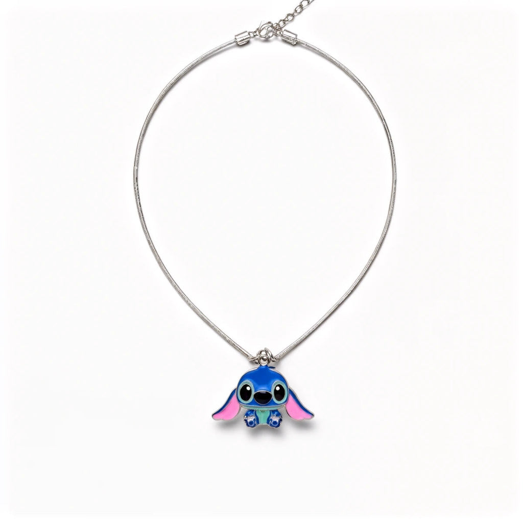 Collier Stitch en métal, pendentif Stitch oreilles tombantes, chaîne argentée réglable