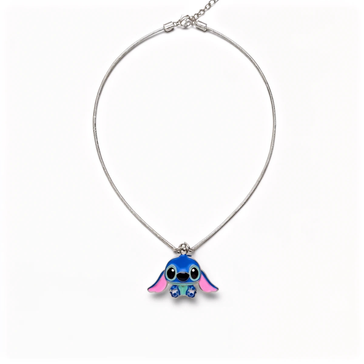 Collier Stitch en métal, pendentif Stitch oreilles tombantes, chaîne argentée réglable