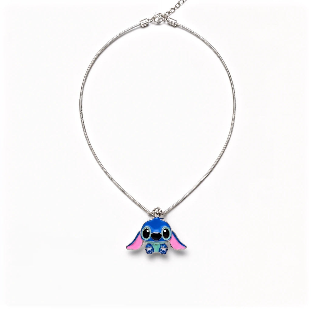Collier Stitch en métal, pendentif Stitch oreilles tombantes, chaîne argentée réglable
