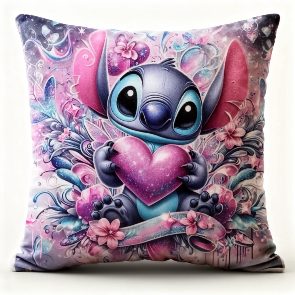 Coussin Stitch Cœur violet — housse déco imprimée, motif Lilo & Stitch