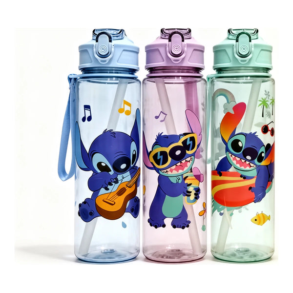 Gourde Stitch 800 ml à paille pop-up, 3 coloris bleu violet vert avec un Stitch différent par couleur, fond blanc