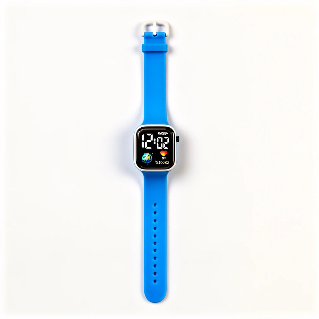 Montre connectée Stitch à plat, écran LED carré et bracelet silicone bleu