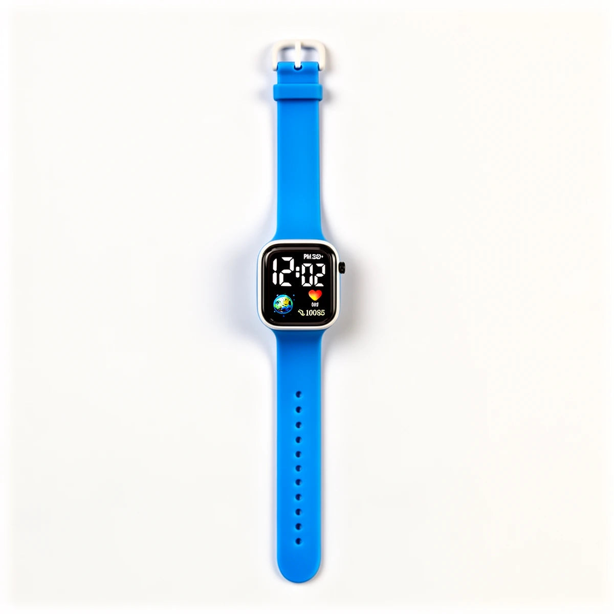 Montre connectée Stitch à plat, écran LED carré et bracelet silicone bleu