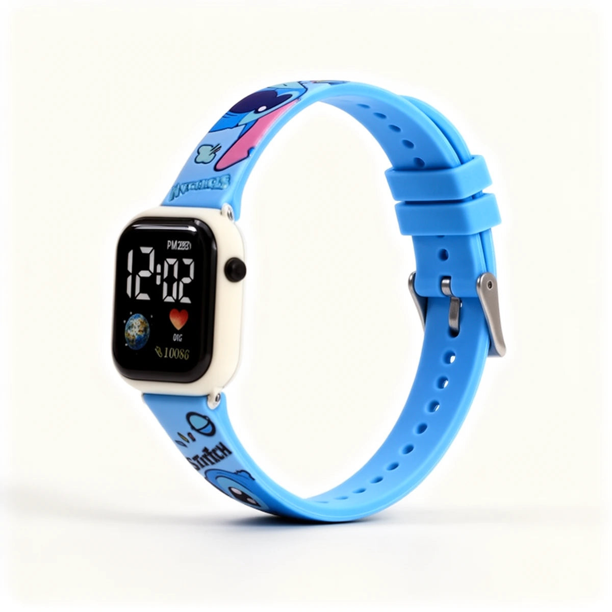 Montre connectée Stitch fermée, bracelet silicone bleu imprimé Stitch