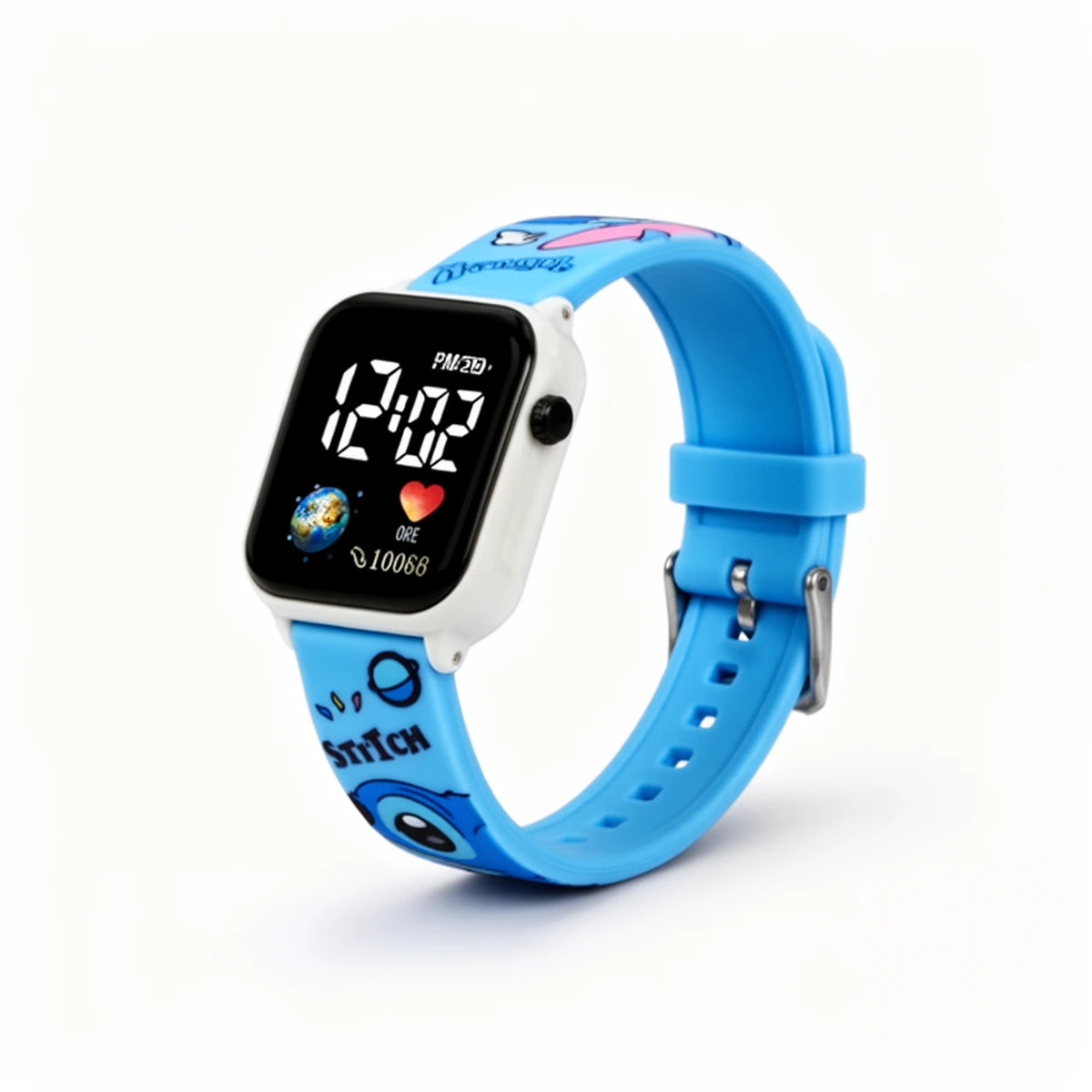 Montre connectée Stitch enfant, écran LED numérique, bracelet silicone bleu imprimé Stitch