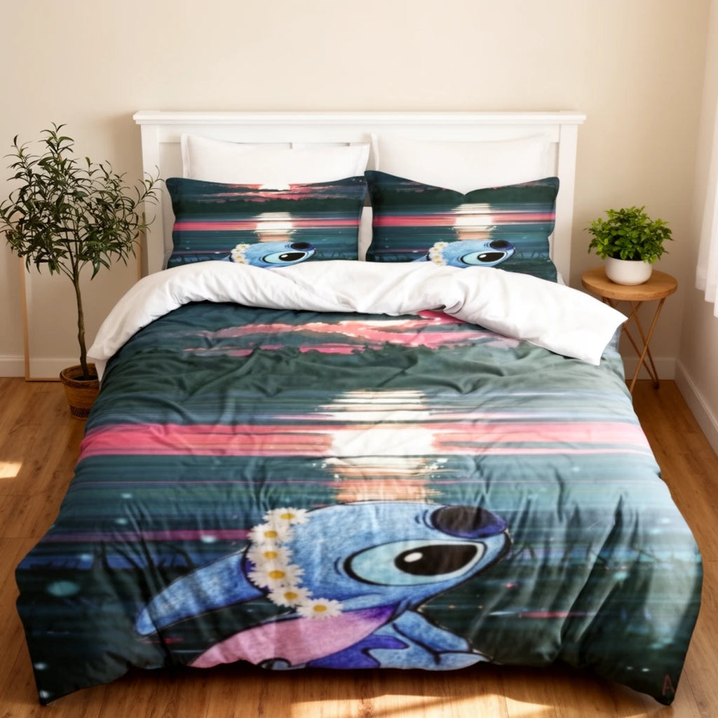 Parure de lit Stitch coucher de soleil sur un lit — housse de couette et taies en microfibre
