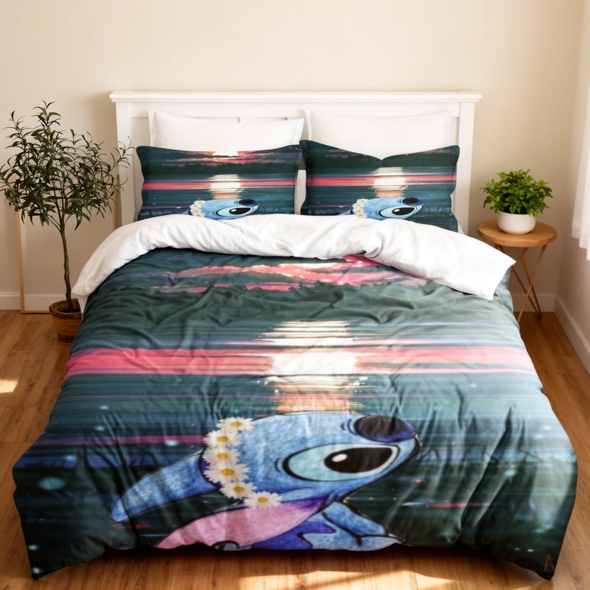 Parure de lit Stitch coucher de soleil sur un lit — housse de couette et taies en microfibre