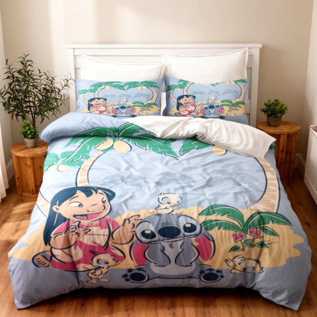Parure de lit Stitch Ohana plage sur un lit — housse de couette et taies Lilo & Stitch