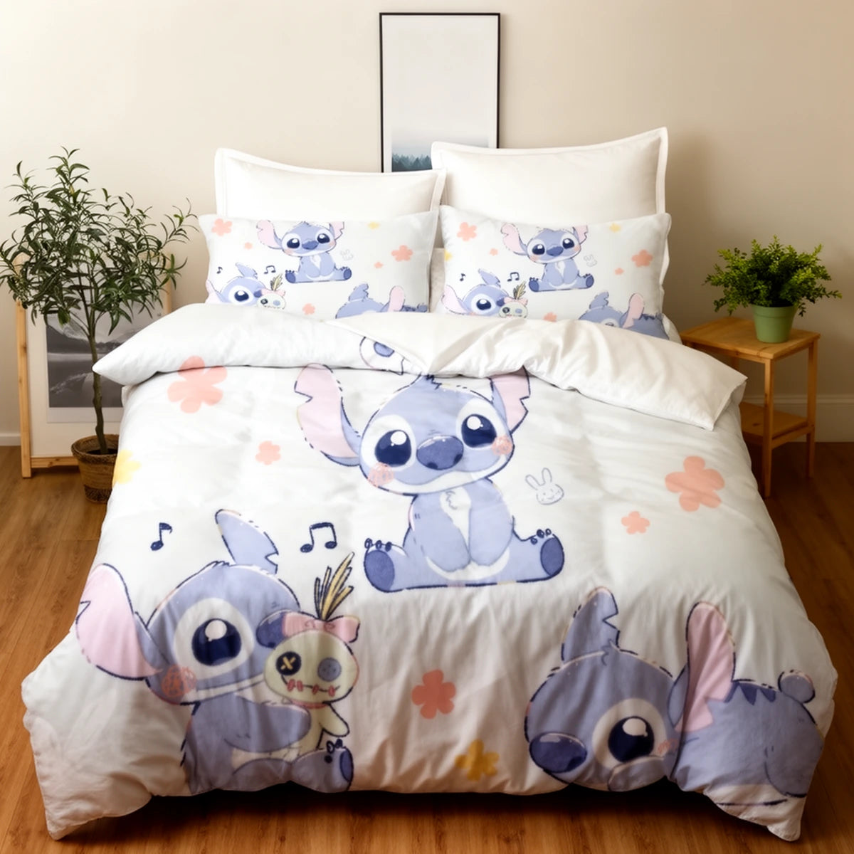 Parure de lit Stitch pastel aux notes de musique sur un lit — housse de couette et taies Lilo & Stitch