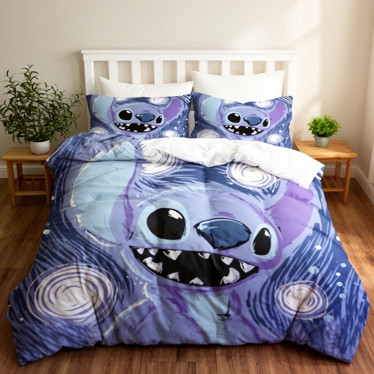 Parure de lit Stitch portrait bleu sur un lit — housse de couette et taies en microfibre