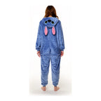 Pyjama Stitch femme vue de dos, capuche Stitch dans le dos, combinaison bleue, fond blanc