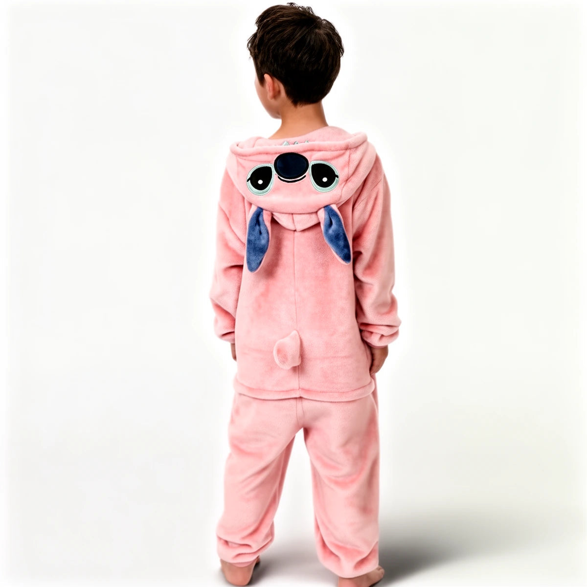 Pyjama Stitch rose, combinaison à capuche, vue de dos sur un enfant