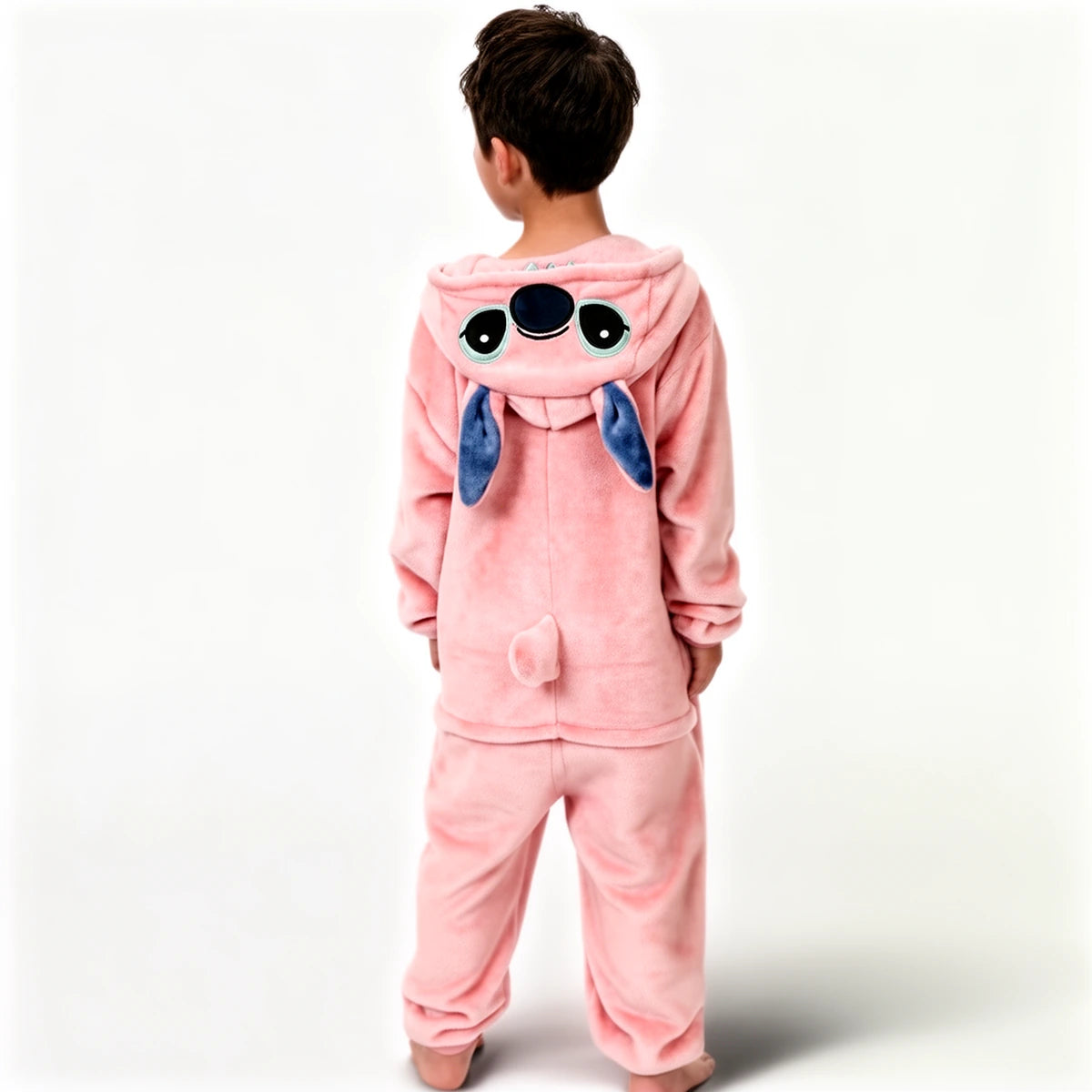 Pyjama Stitch rose, combinaison à capuche, vue de dos sur un enfant