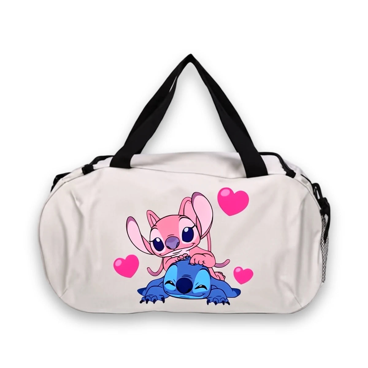 Sac de voyage Stitch et Angel avec cœurs roses, fond blanc