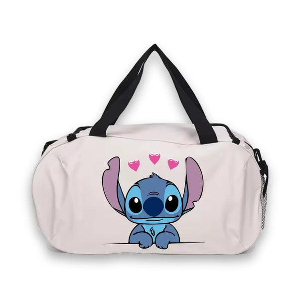 Sac de voyage Stitch crème avec motif Stitch et cœurs roses, fond blanc