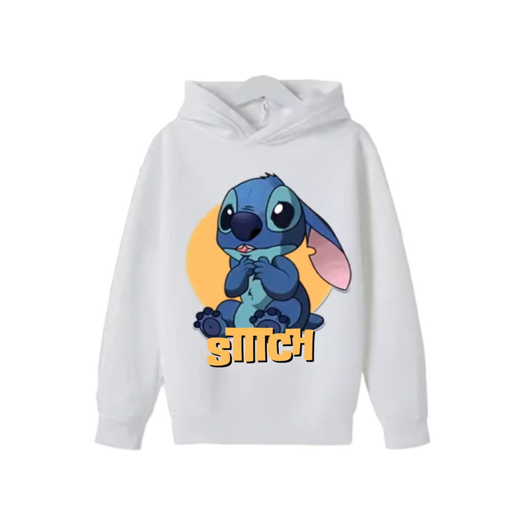 Sweat à capuche Stitch blanc — design Stitch assis, enfant unisexe