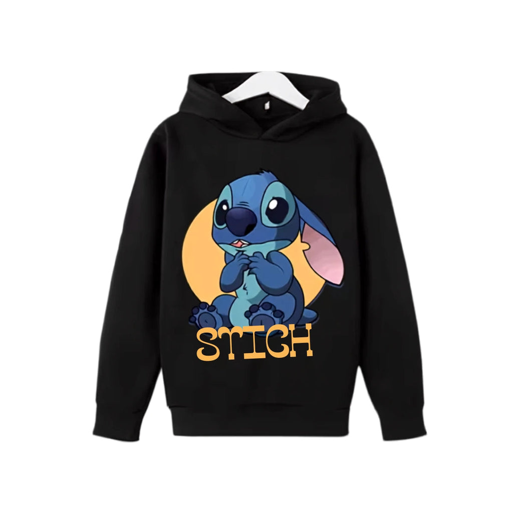 Sweat à capuche Stitch noir — design Stitch assis, enfant unisexe