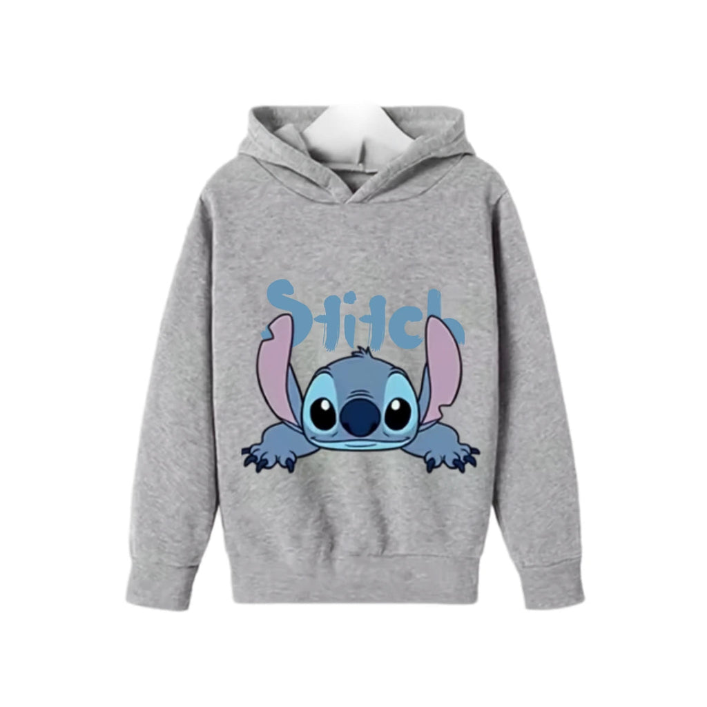 Sweat à capuche Stitch gris — design Stitch portrait, enfant unisexe