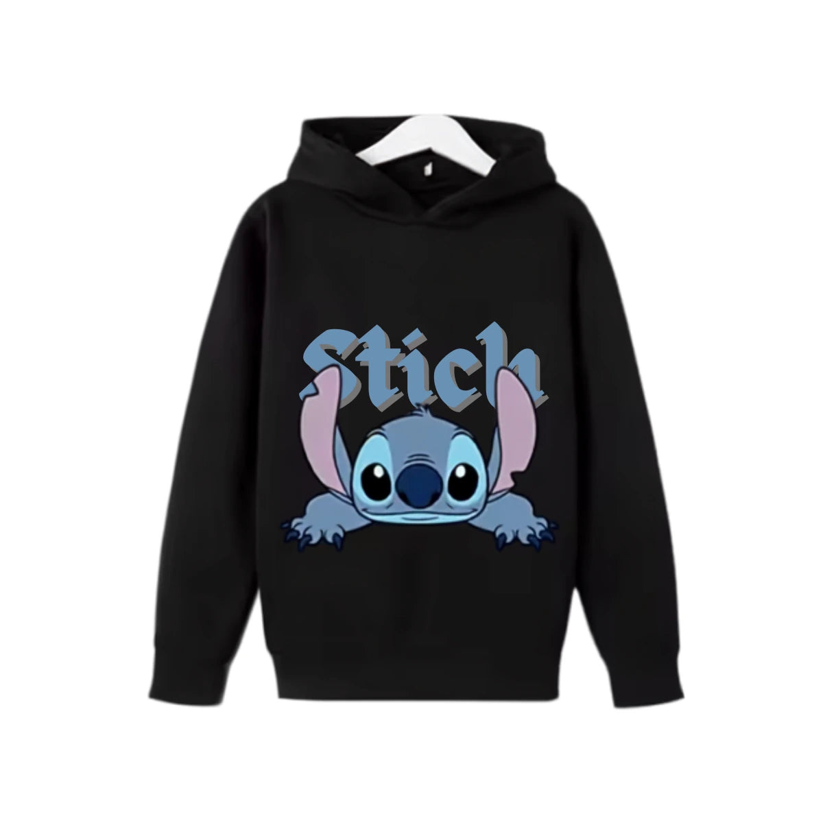 Sweat à capuche Stitch noir — design Stitch portrait, enfant unisexe