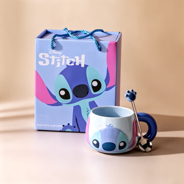 Tasse Stitch bleue en céramique, visage Stitch en relief 3D, avec cuillère assortie et coffret cadeau