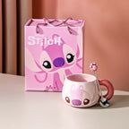 Tasse Angel rose en céramique, visage Angel en relief 3D, avec cuillère et coffret cadeau Stitch
