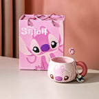 Tasse Angel rose en céramique, visage Angel en relief 3D, avec cuillère et coffret cadeau Stitch